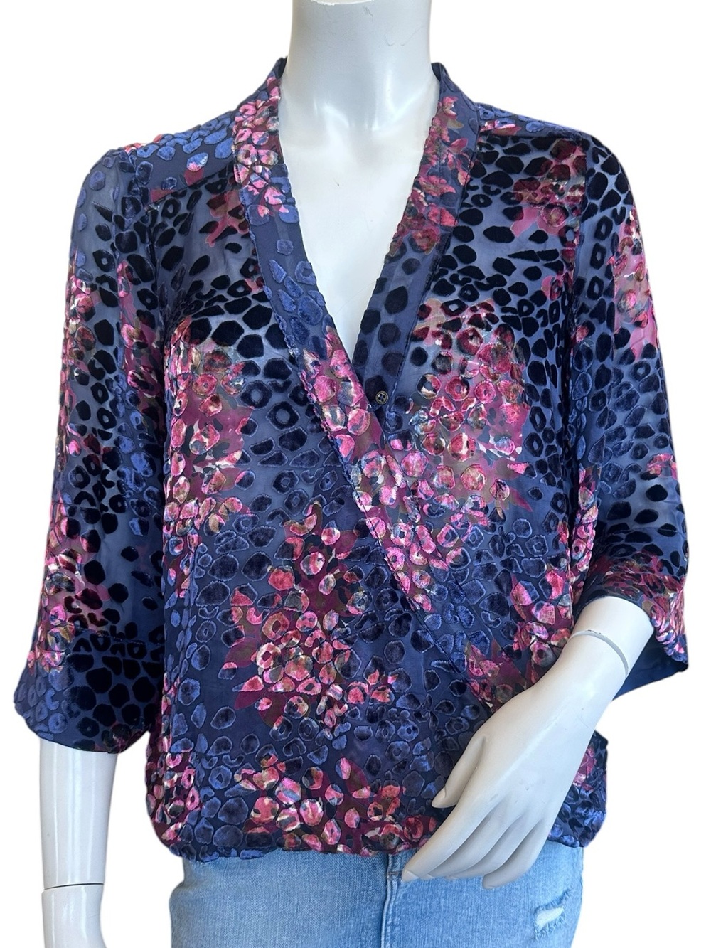 Anthropologie Floreat Navy Blue Pink Floral Leopard Silk Blend Burnout Blouse XS